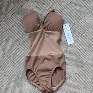 New Pozewear Padded Mesh Body Brief Liner Bodysuit Leotard Tan Clear Straps XS